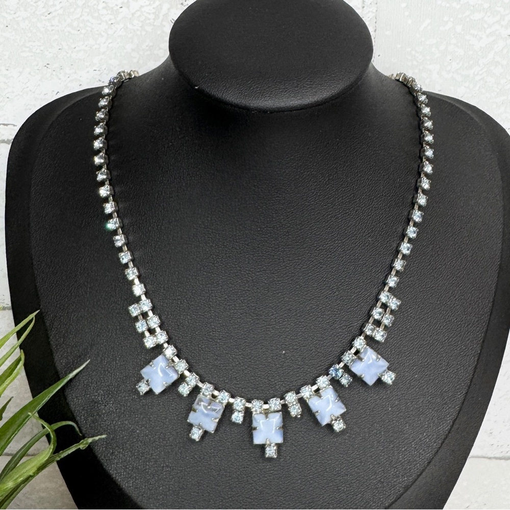 Vintage 50s Art Deco Blue Moonglow Glass Rhinestone Choker Silver Tone Necklace